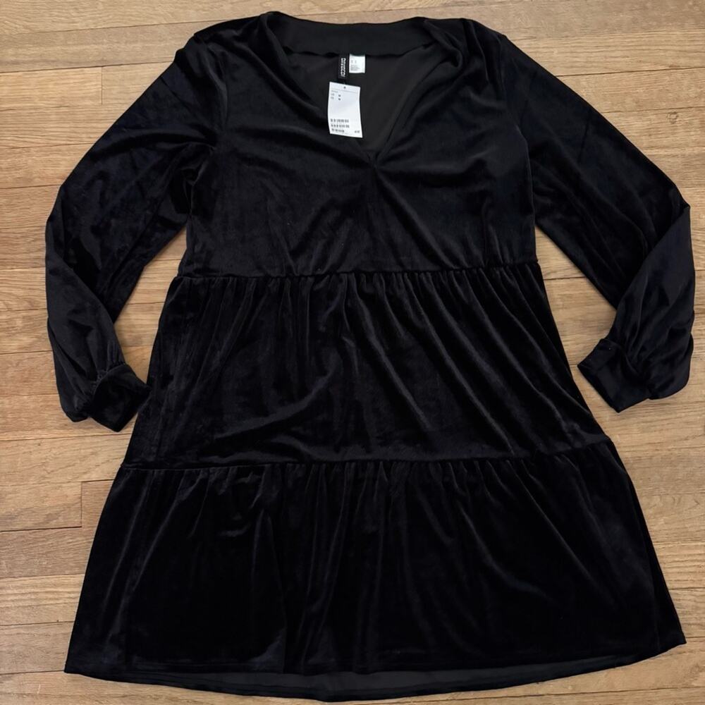 NWT H&M Divided velvet velour long sleeve pleated a-line mini dress - Large b67